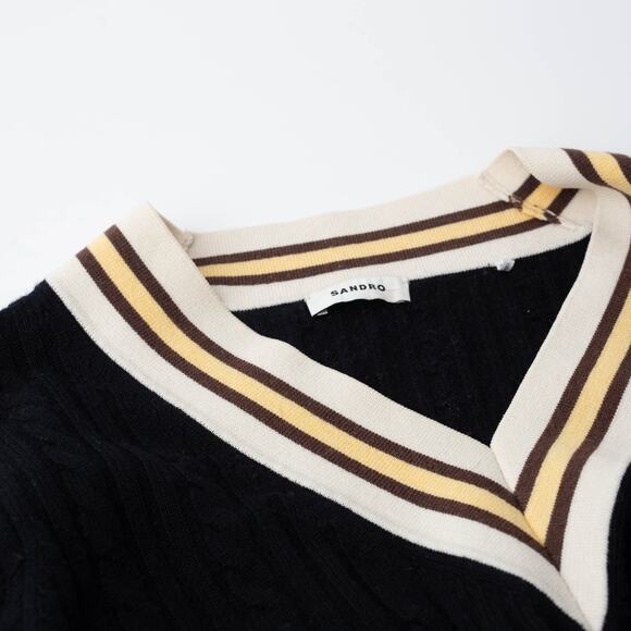 Sandro Alizia Navy V-Neck Black Knit Wool Sweater - Picture 6 of 10